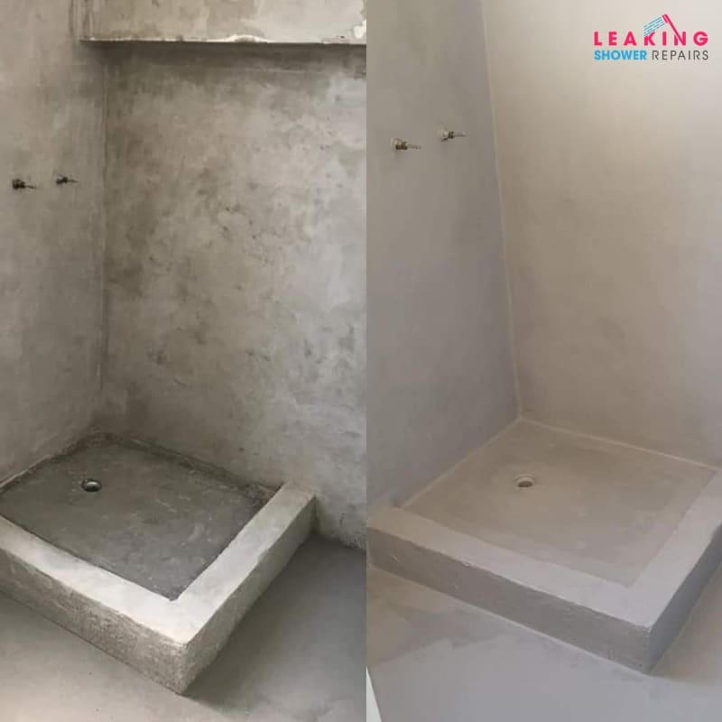 Shower area before and after applying waterproofing solution, showing improved surface protection and sealing against water leaks