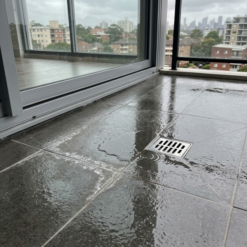 Sydney tiled balcony showing ponding water near a drain and early efflorescence on grout lines