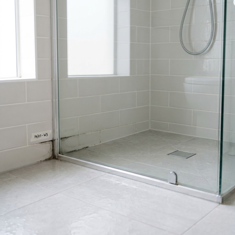 Sydney bathroom shower corner showing darkened grout near the base junction, being checked for early waterproofing failure signs