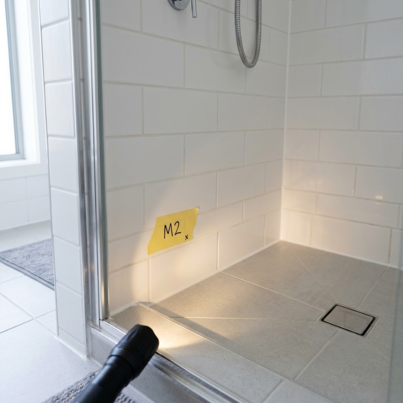 Close-up of a shower corner showing the base-to-wall junction and shower screen edge being inspected for hidden leaks