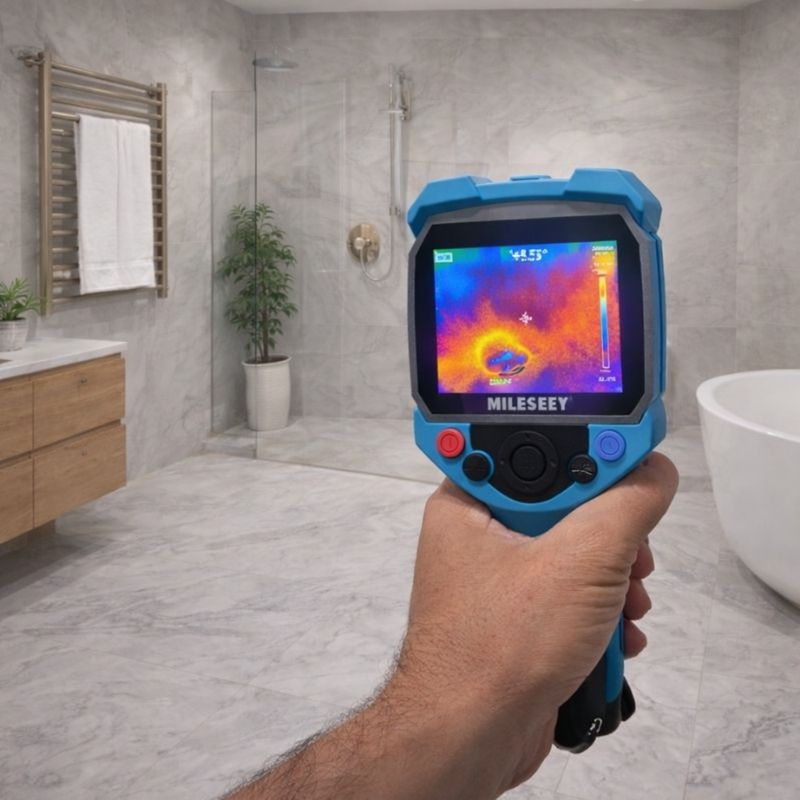 Thermal imaging camera detecting a bathroom leak behind shower wall tiles