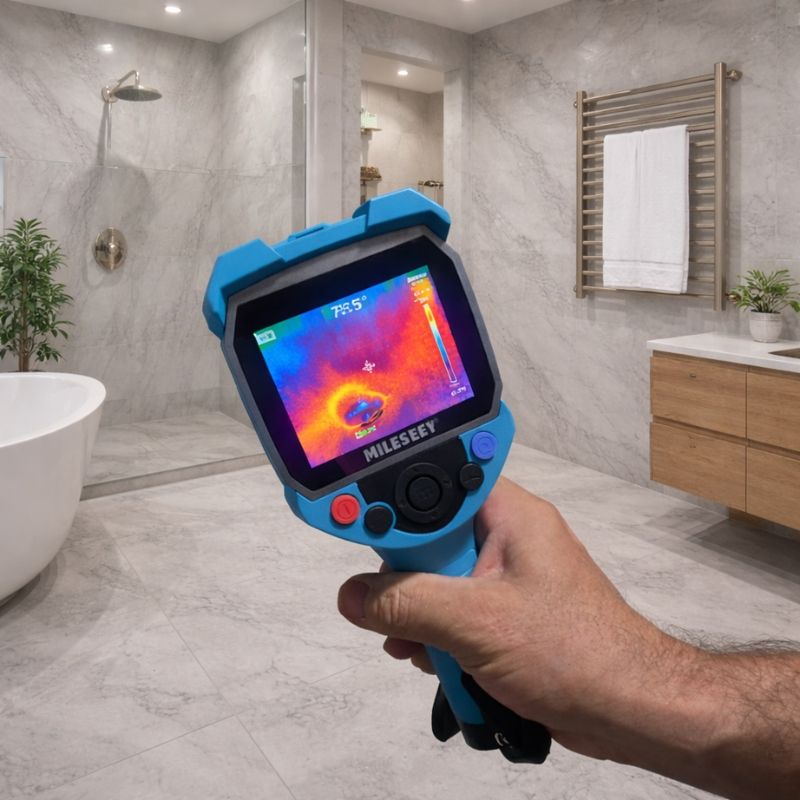 Thermal imaging camera used for bathroom leak detection in tiled shower area