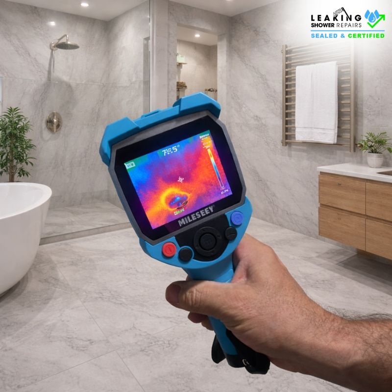 Thermal imaging camera used for bathroom leak detection in tiled shower area