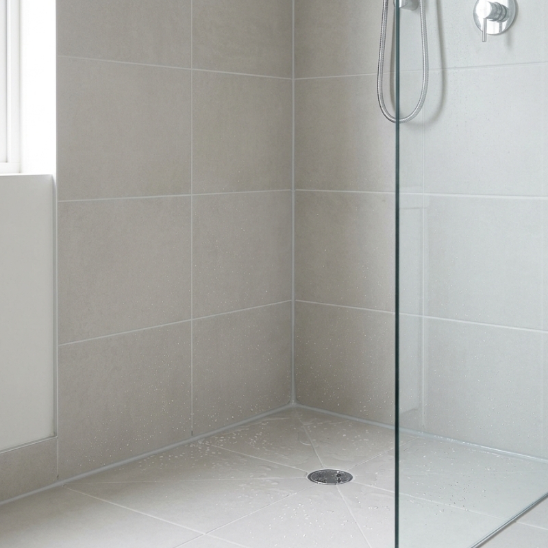 Leaking tiled shower floor corner showing water pooling near grout and silicone joints in a modern bathroom.