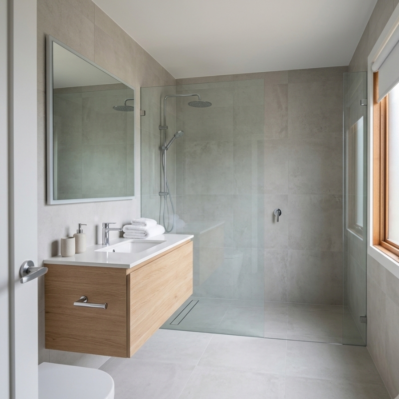 Modern tiled shower in a Sydney bathroom with a waterproofed base and sealed glass screen to help prevent leaks.