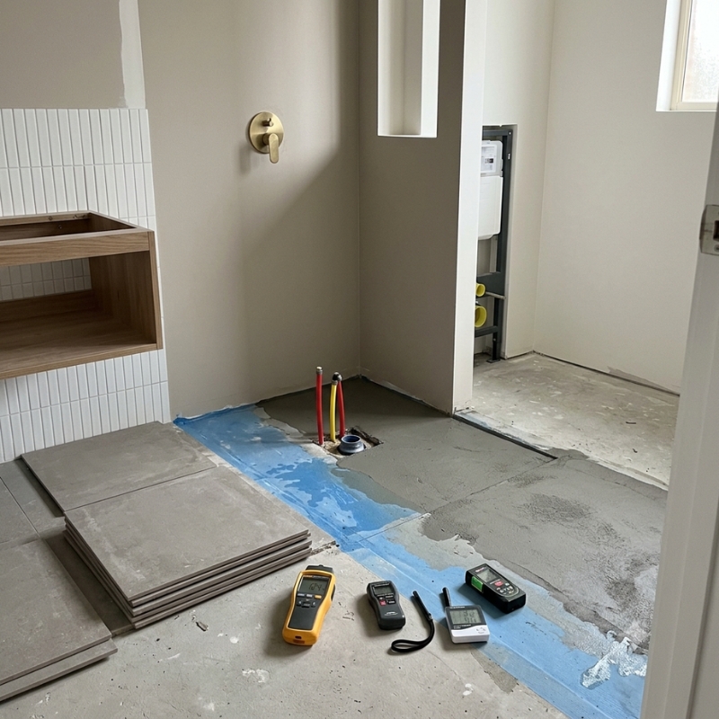 Bathroom renovation with leak inspection before waterproofing work.