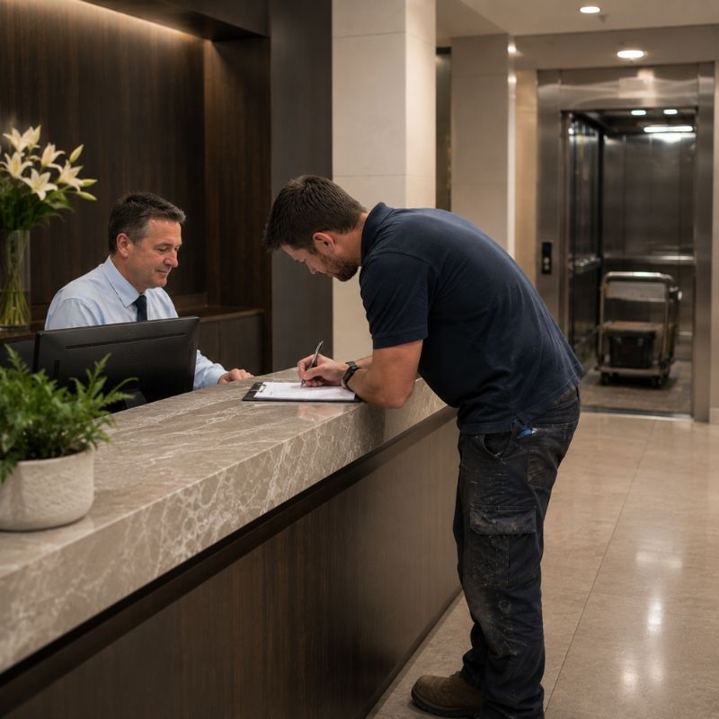 Contractor signing in at a building management desk with a service lift beyond.
