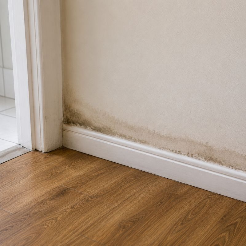 Dark tide mark running along the base of a painted internal wall above the skirting.