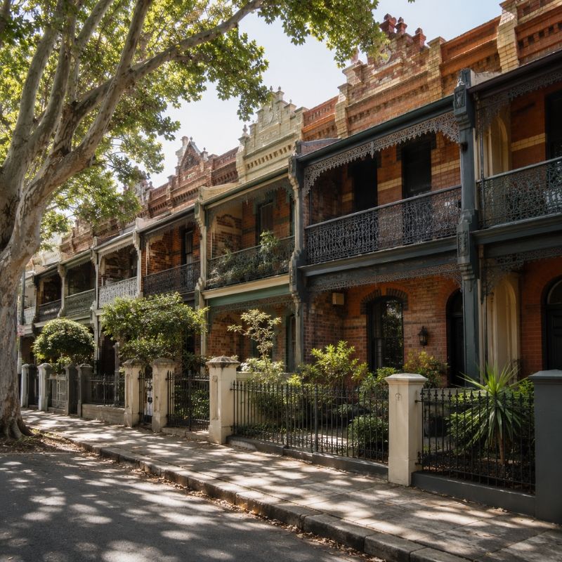 Row of Federation terraces with original brickwork and iron lacework along a leafy Inner West street.