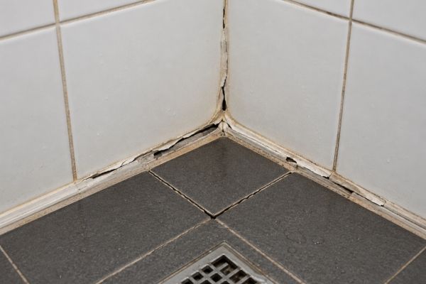 Shower corner before repair, with hardened silicone lifting and hairline gaps in the floor grout. Title: Shower corner before repair
