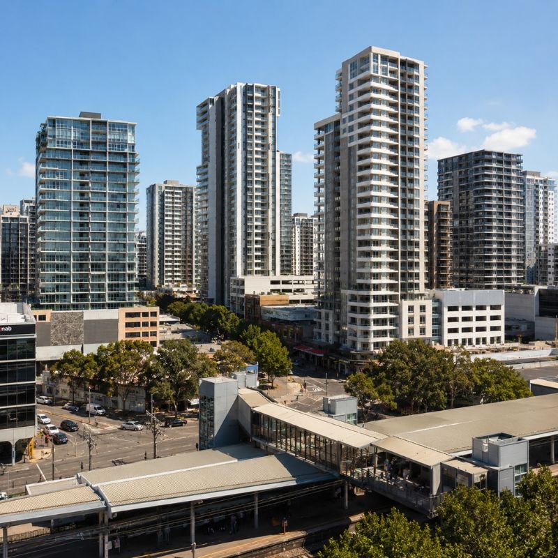 Cluster of residential apartment towers rising above the streets near Hurstville station.
