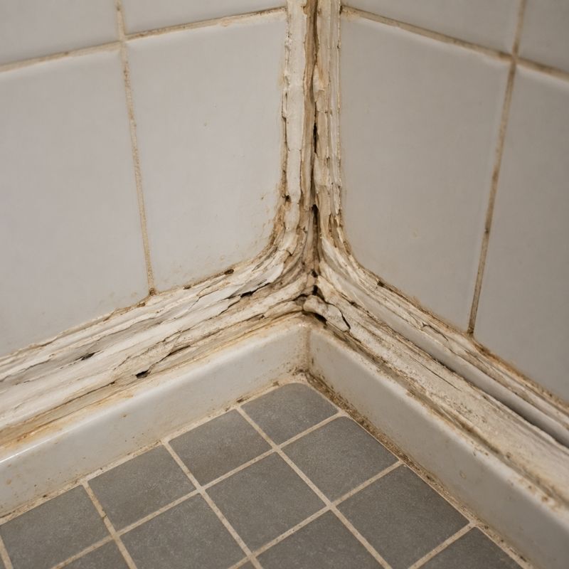 Thick layered buildup of old silicone in the corner of a tiled shower recess, discoloured and peeling.