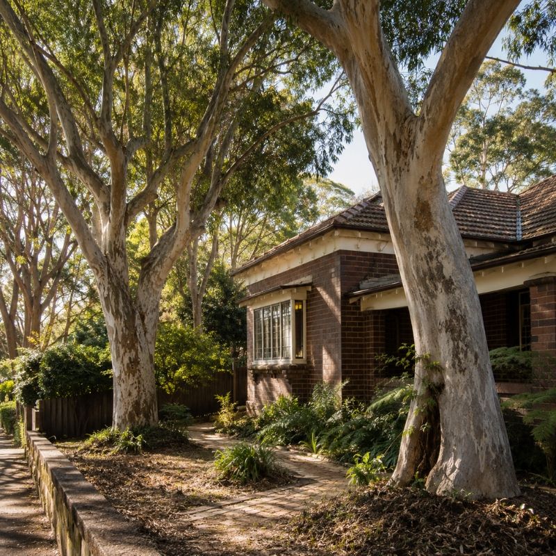 Large established gum trees standing close to a brick period home on a leafy upper north shore block.