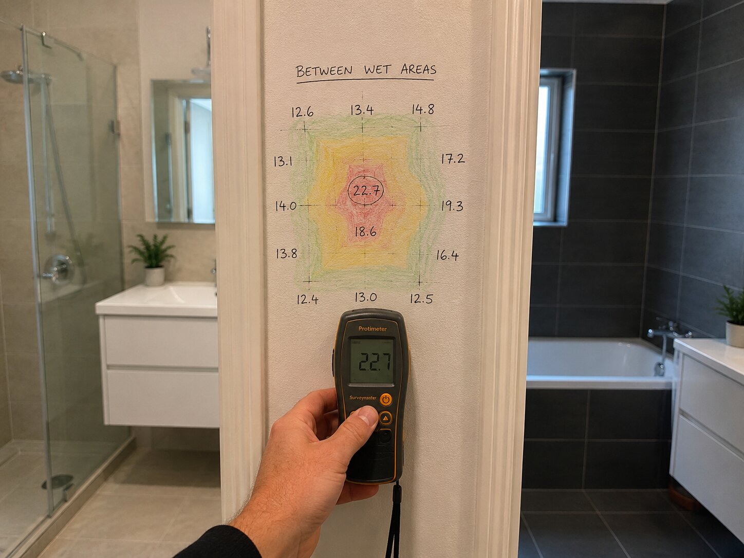 Moisture meter being used on a wall between two bathrooms in the same house.