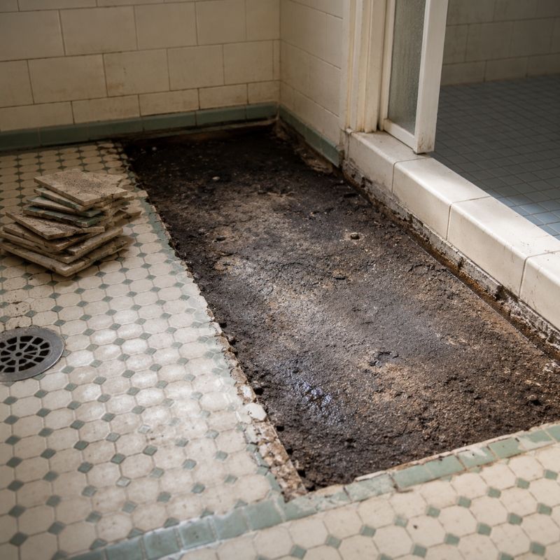 Original screed bed exposed in a period bathroom after the first row of tiles has been lifted.