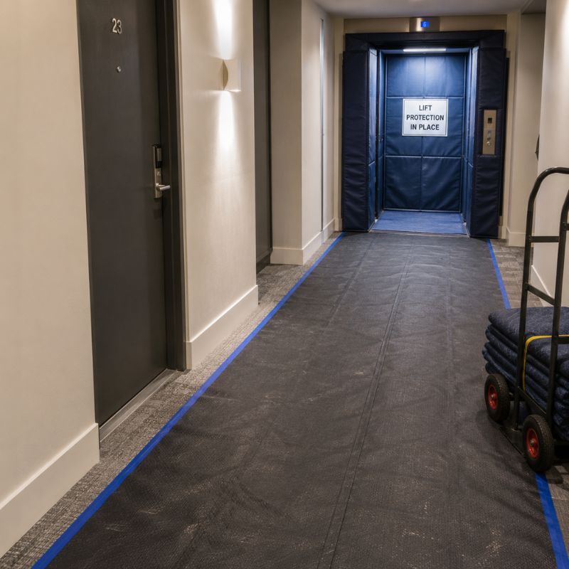 Protective matting laid along an apartment building corridor leading to a padded service lift.
