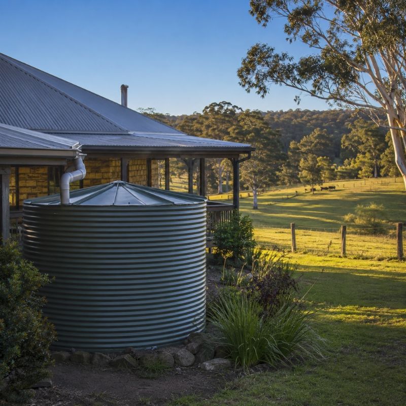 Rainwater tank beside a rural Hawkesbury home with paddock and treeline behind.