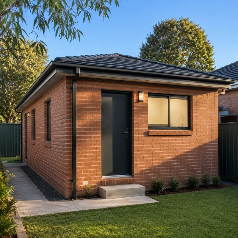 Brick secondary dwelling at the rear of a suburban block with its own entry and bathroom window.