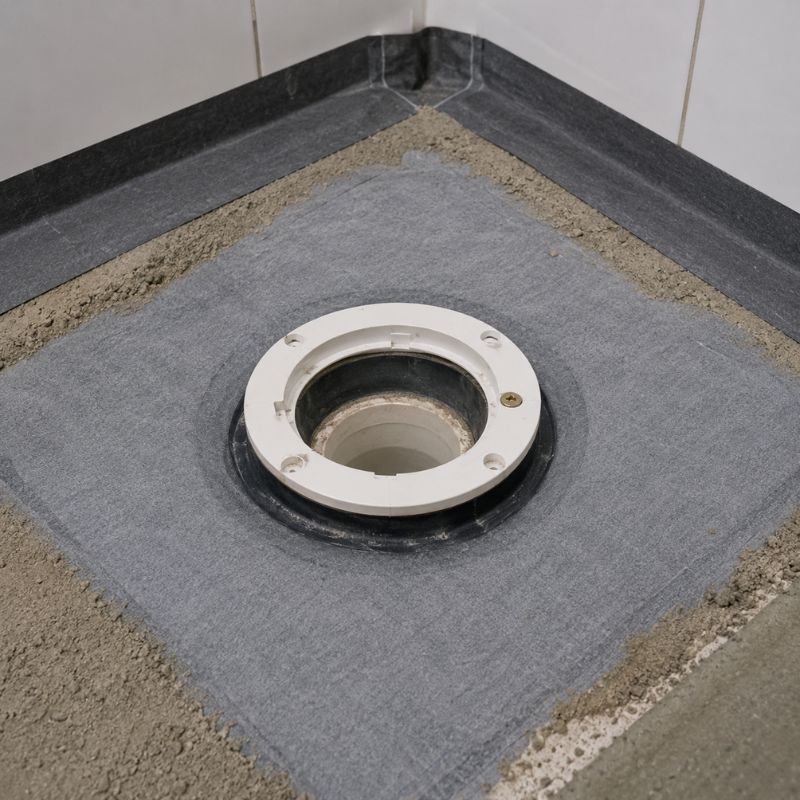 Shower waste flange exposed in an apartment base, showing the seal between the outlet and the membrane.