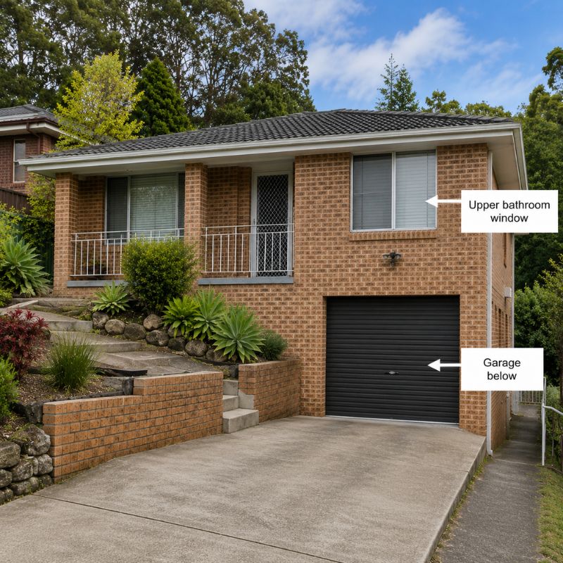 Split-level brick home on a sloping block with the upper bathroom window sitting directly above the garage.