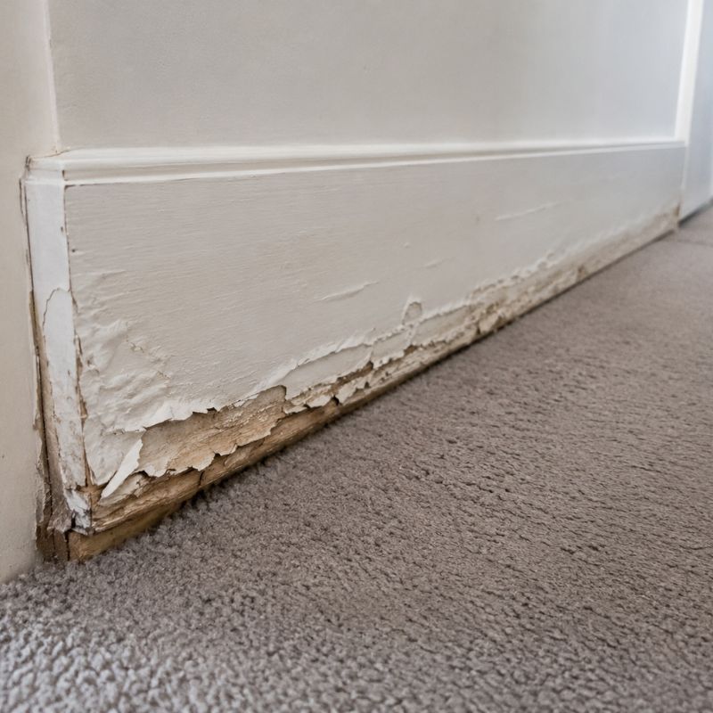 Painted timber skirting board swollen and flaking at floor level beside a carpeted hallway.