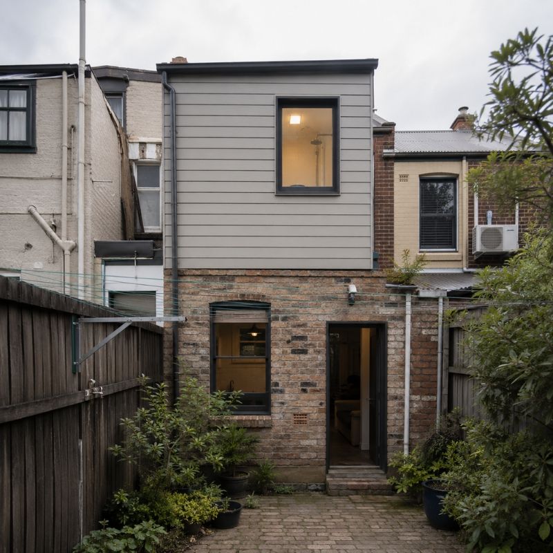 ear of an Inner West terrace showing a later upstairs bathroom addition above the ground floor rooms.