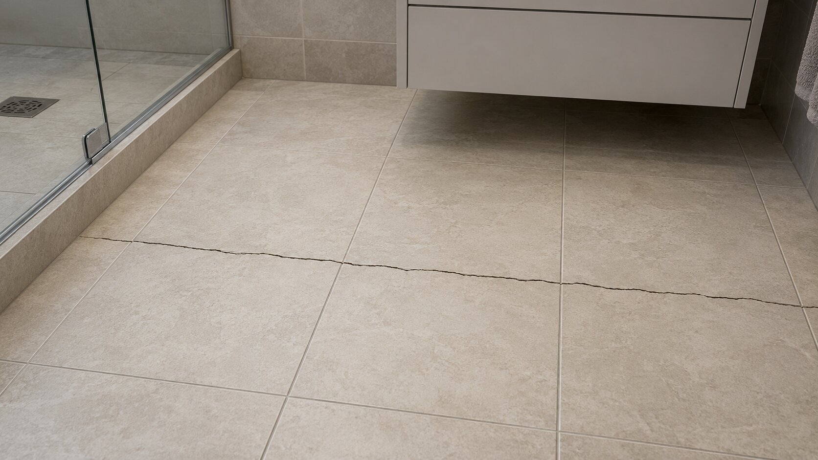 Crack running in a straight line across several bathroom floor tiles and their joints.