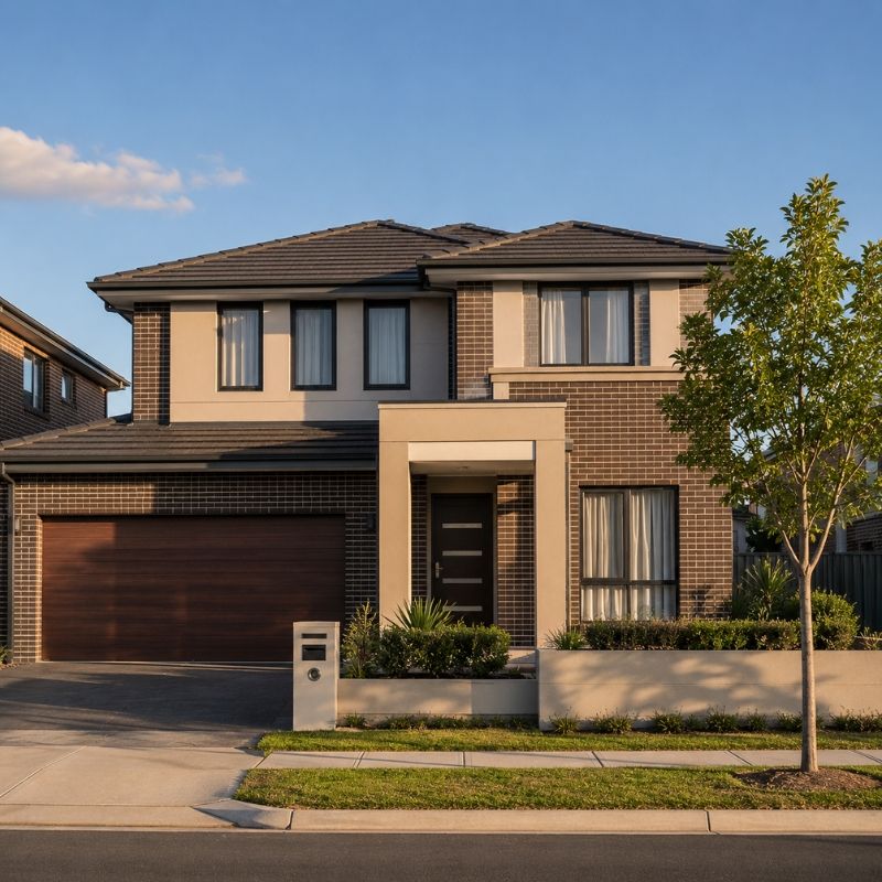 Large two storey brick and render home in a newer Hills estate with upper floor windows above the living areas.