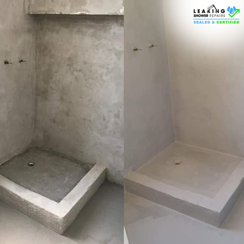 Shower area before and after applying waterproofing solution, showing improved surface protection and sealing against water leaks